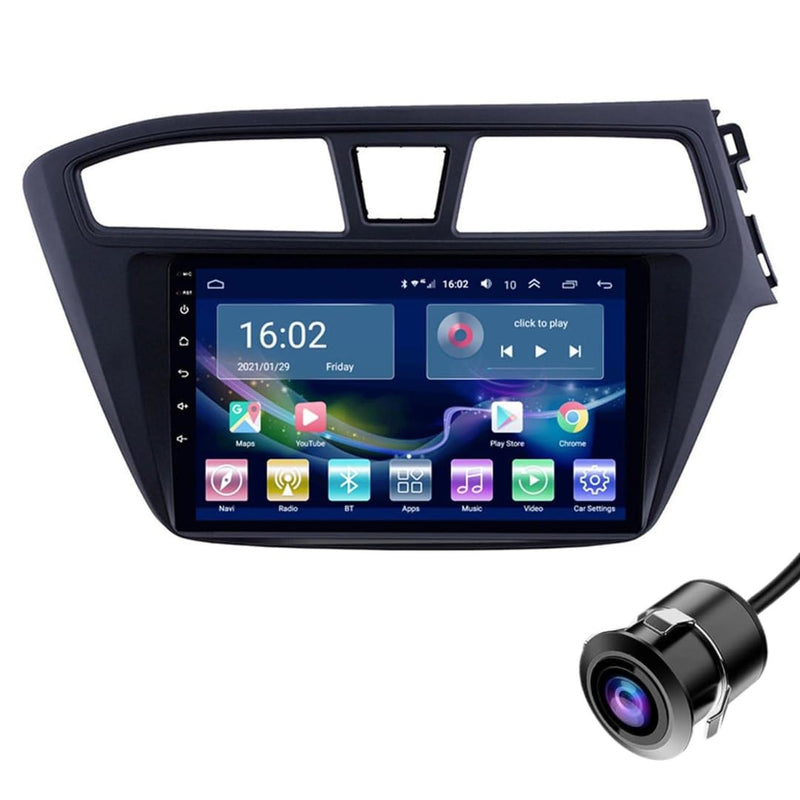 Modorwy Car Android System | OS 13 Stereo | 9 Inch QLED HD IPS Touch | 2GB & 32GB | Double Din Car Multimedia Player | Bluetooth Wi-Fi | incl. AHD Rear Camera & Frame Compatible with Hyundai i20 elite 2014-2017