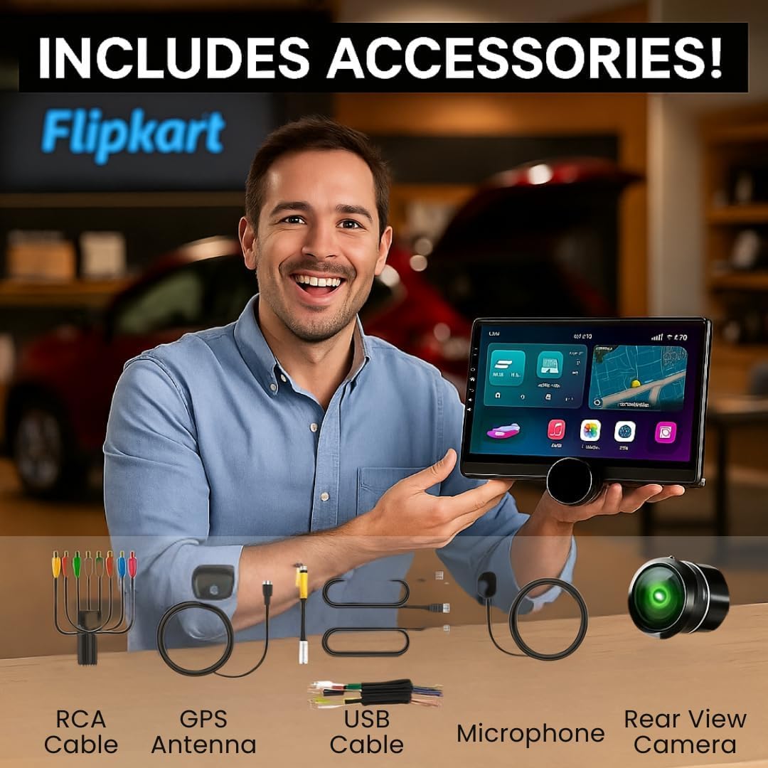 Gemstone 10.1” QLED 2K Car Media Player | Android Stereo OS 13 | 4GB+64GB | Inbuilt Exhaust Fan/Bluetooth/WiFi | Single Knob Screen | Free AHD Camera + 65W 4-in-1 Cable + 100W Car Charger