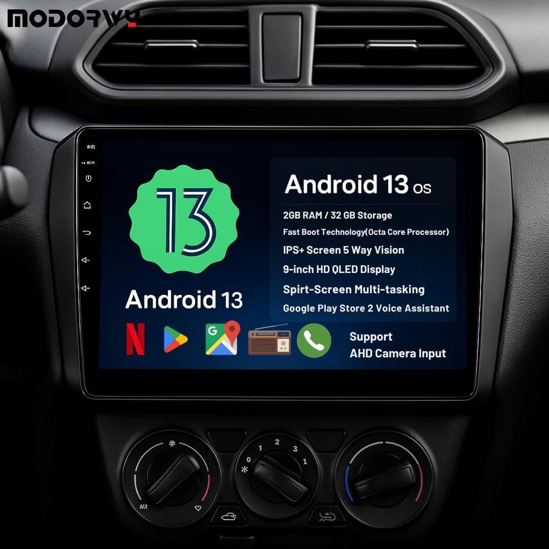 Modorwy Car Android System | OS 13 Stereo | 9 Inch QLED HD IPS Touch | 2GB & 32GB | Double Din Car Multimedia Player | Bluetooth Wi-Fi | incl. AHD Rear Camera & Frame Compatible with Maruti Brezza Old