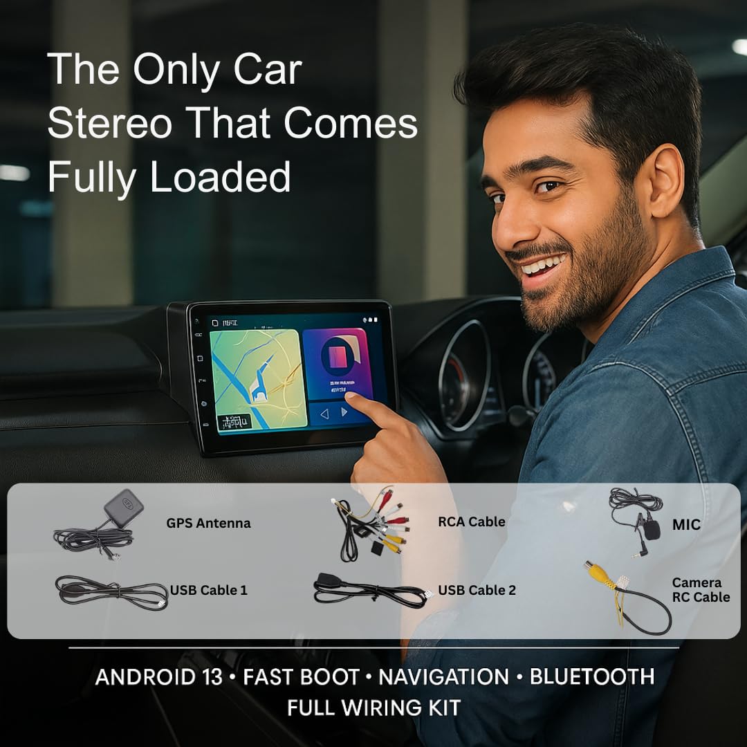 Original 9inch HD QLED Car Android Stereo | 2GB RAM & 32GB ROM | OS 13 Double Din Car Multimedia Player | incl. AHD Rear Camera & Frame Compatible with Hyundai Verna Fludic - 1 Year Warranty