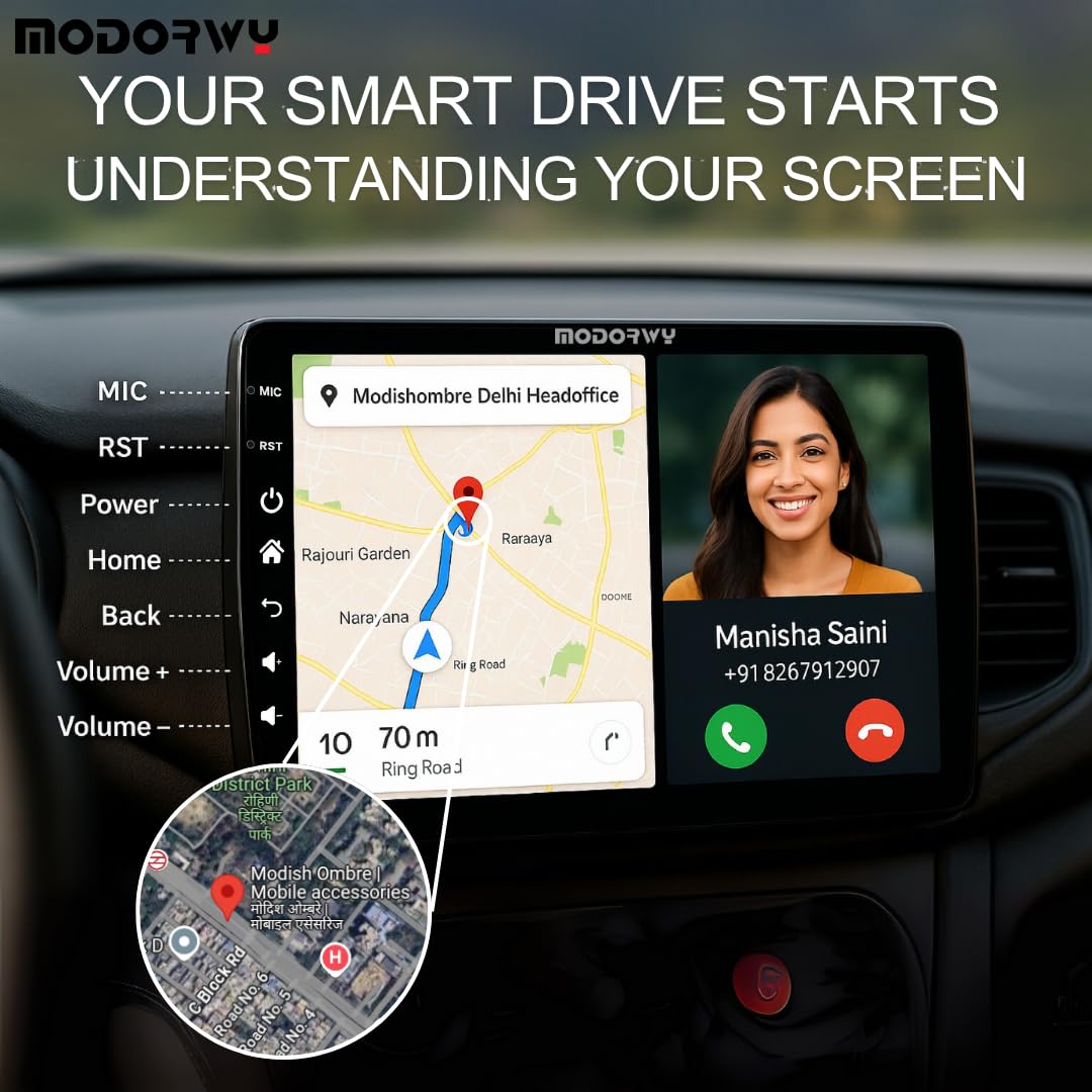 Modorwy Car Android System | OS 13 Stereo | 9Inch QLED HD IPS Touch | 2GB & 32GB | Double Din Car Multimedia Player | incl. AHD Rear Camera & Frame Compatible with Maruti Ritz- 1 Year Warranty