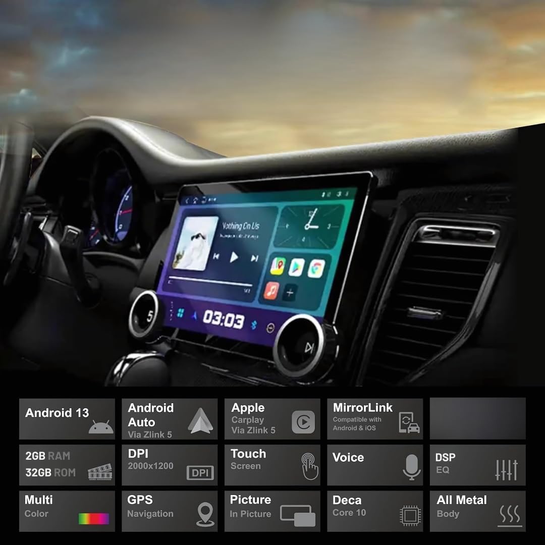 Gemstone 2K Car Android System | 10.1inch Full HD Touchscreen|Wireless CarPlay & Android Auto | 4GB/64GB | DSP | GPS Navigation | Wi-Fi & Bluetooth|Universal Double Din Stereo- 1 Year Warranty