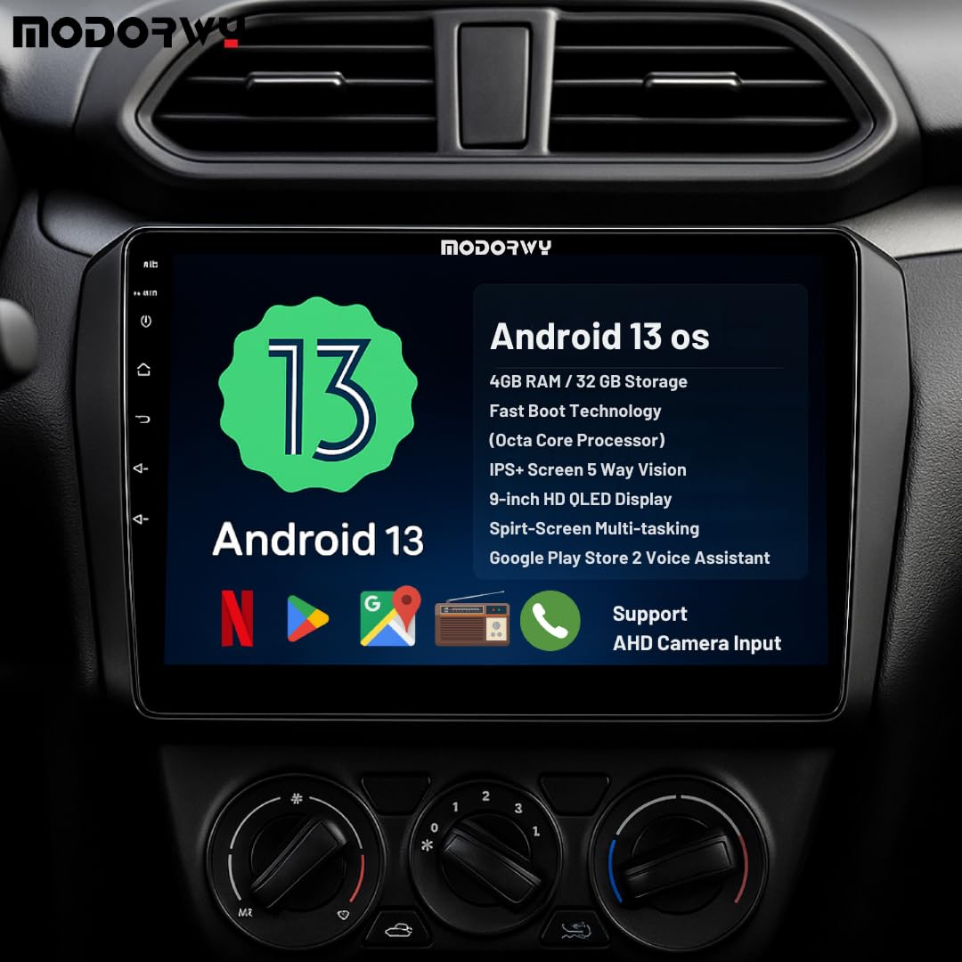 Modorwy 9" QLED Android 13 Car Stereo (4GB+32GB, CarPlay, Android Auto, AHD Camera, New Brezza)