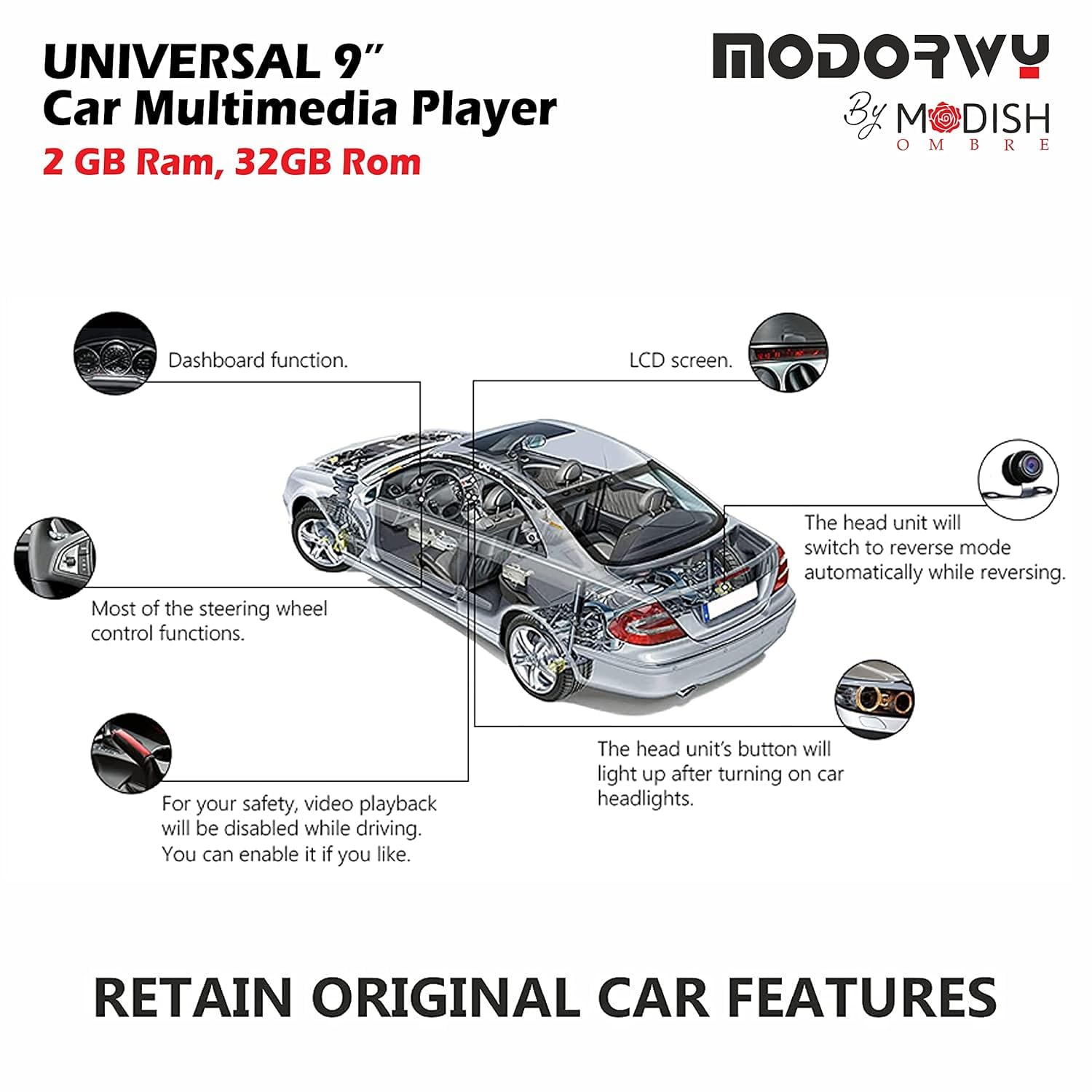 Modorwy TS7 9 Inch Universal Car Android System | Android 13 Double Din Stereo | 2GB RAM 32GB ROM | IPS HD Touchscreen | Bluetooth WiFi GPS | Inbuilt Mic | Split Screen | 1 Year Warranty